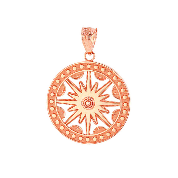 Solid Rose Gold Textured Medallion Openwork Flaming Sun Pendant Necklace