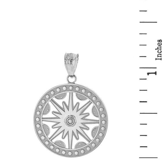Solid White Gold Textured Medallion Openwork Flaming Sun Pendant Necklace