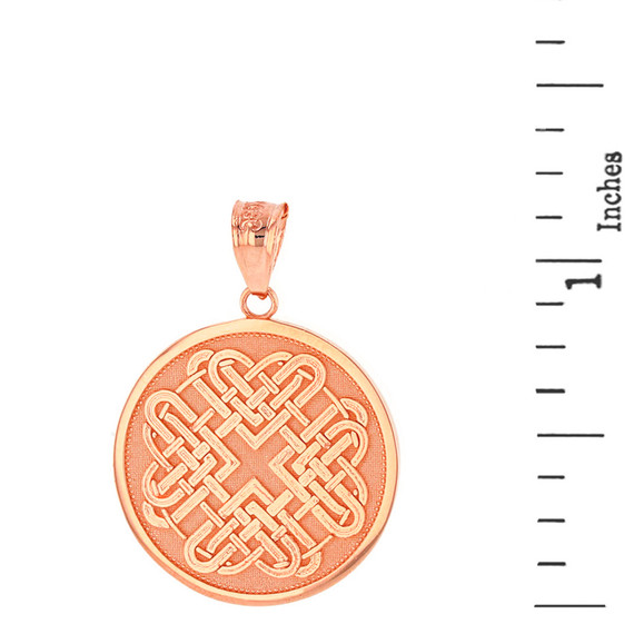 Solid Rose Gold Celtic Quaternary Heart Knot Medallion Pendant Necklace