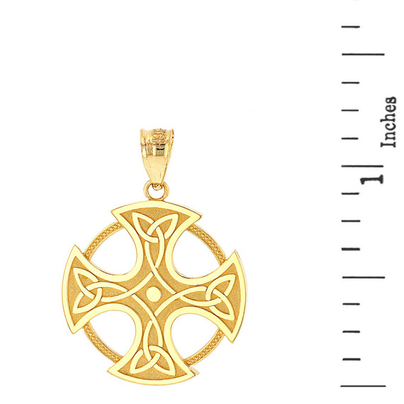 Solid Yellow Gold Trinity Knot Celtic Cross Pendant Necklace