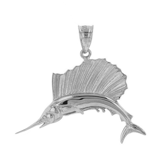 Solid White Gold Marlin Swordfish Pendant Necklace