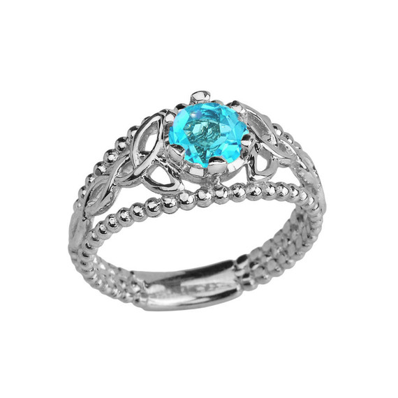 White Gold Genuine Blue Topaz Beaded Celtic Trinity Knot Engagement/Promise Ring