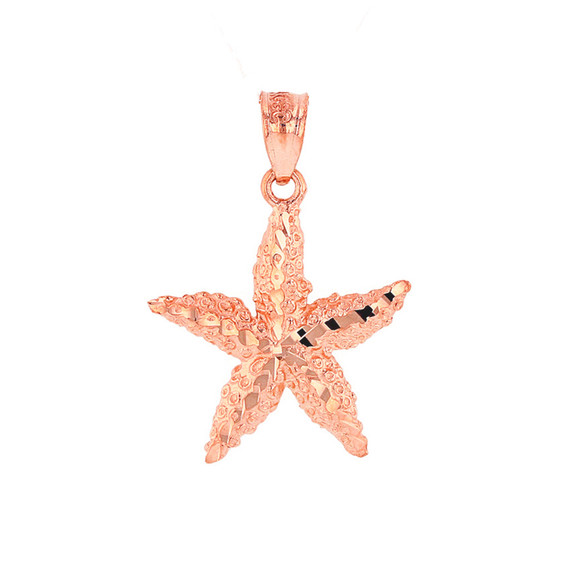 Solid Rose Gold Diamond Cut Starfish Sea Star Pendant Necklace