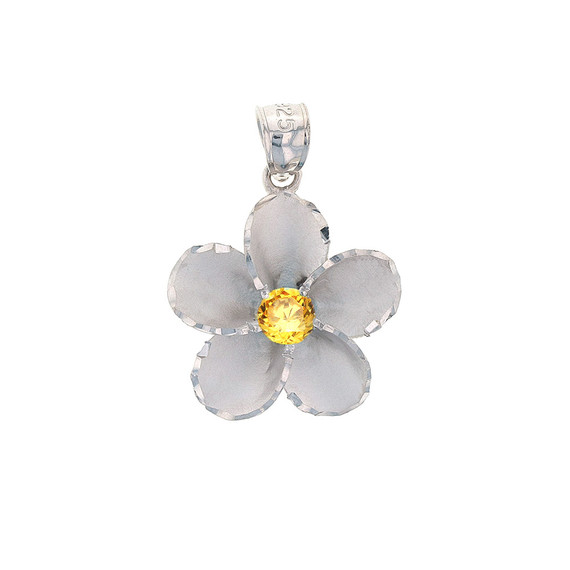 Sterling Silver Hawaiian Plumeria Yellow CZ Pendant Necklace