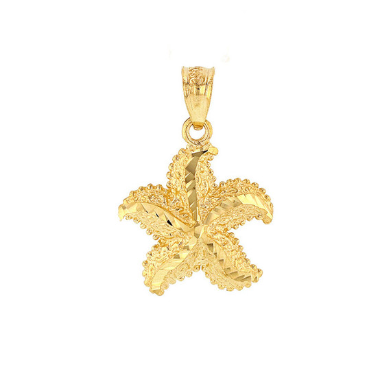 Solid Yellow Gold Diamond Cut Ocean Starfish Pendant Necklace