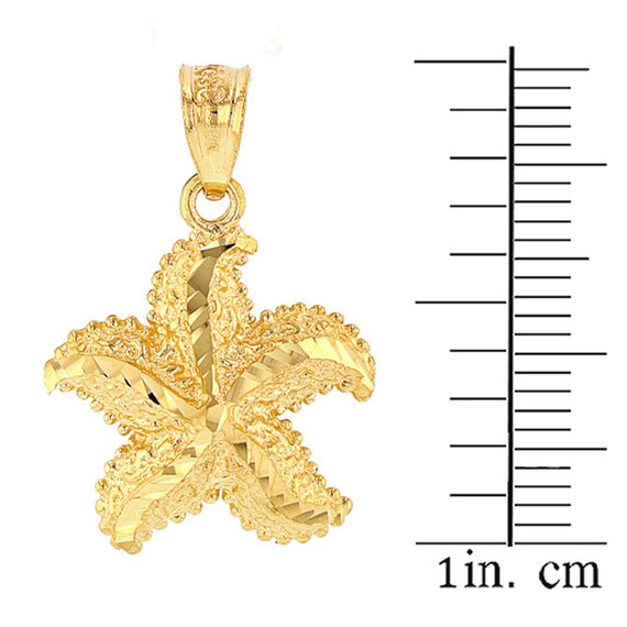 Solid Yellow Gold Diamond Cut Ocean Starfish Pendant Necklace