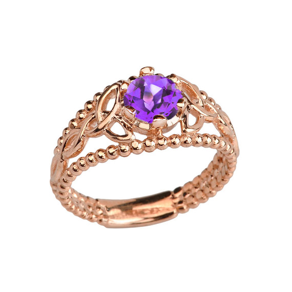 Rose Gold Genuine Amethyst Beaded Celtic Trinity Knot Engagement/Promise Ring