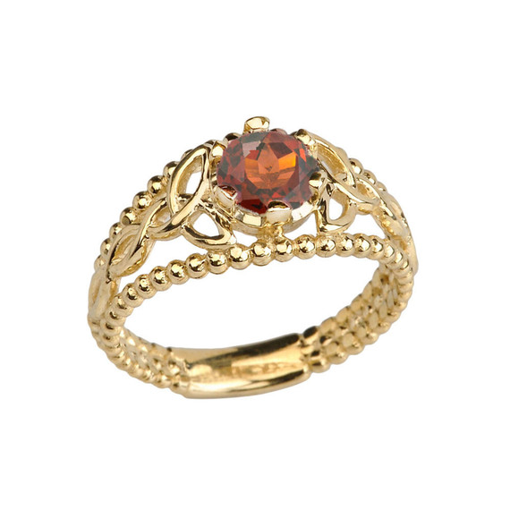 Yellow Gold Genuine Garnet Beaded Celtic Trinity Knot Engagement/Promise Ring