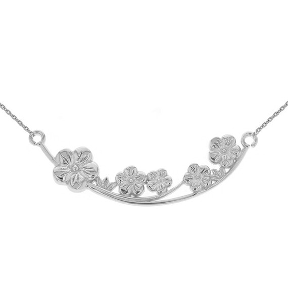 14K Solid White Gold Flower Branch  Plum Blossoms Sideways Pendant Necklace