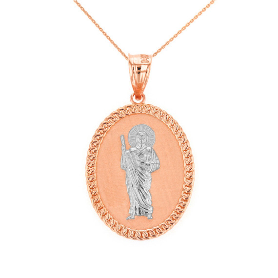 Two Tone Solid Rose Gold Jesus The Good Shepherd Cuban Link Frame Medallion Pendant Necklace  1.28" (  32 mm)