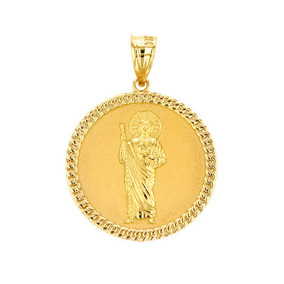 Solid Yellow Gold Jesus The Good Shepherd Cuban Link Circle Frame Medallion Pendant Necklace 1.34 " (34 mm)