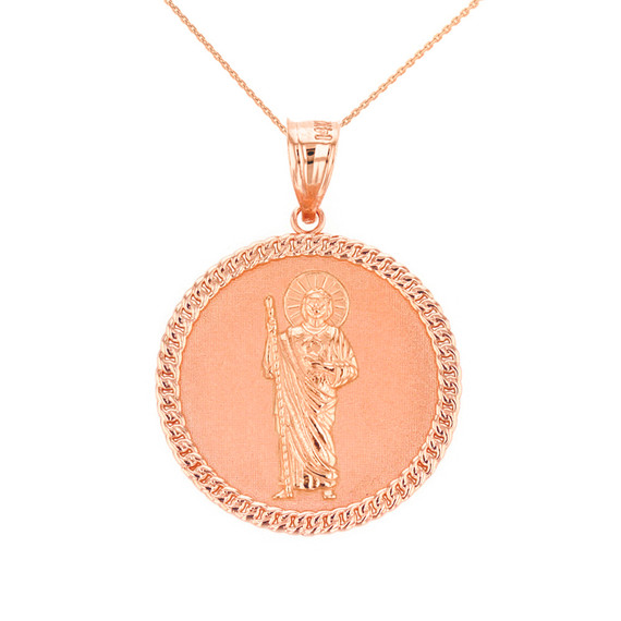 Solid Rose Gold Jesus The Good Shepherd Cuban Link Circle Frame Medallion Pendant Necklace 1.34 " (34 mm)