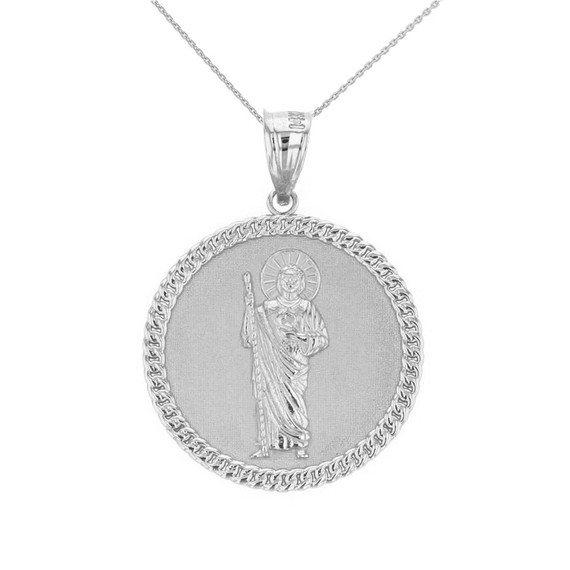 Solid White Gold Jesus The Good Shepherd Cuban Link Circle Frame Medallion Pendant Necklace 1.34 " (34 mm)