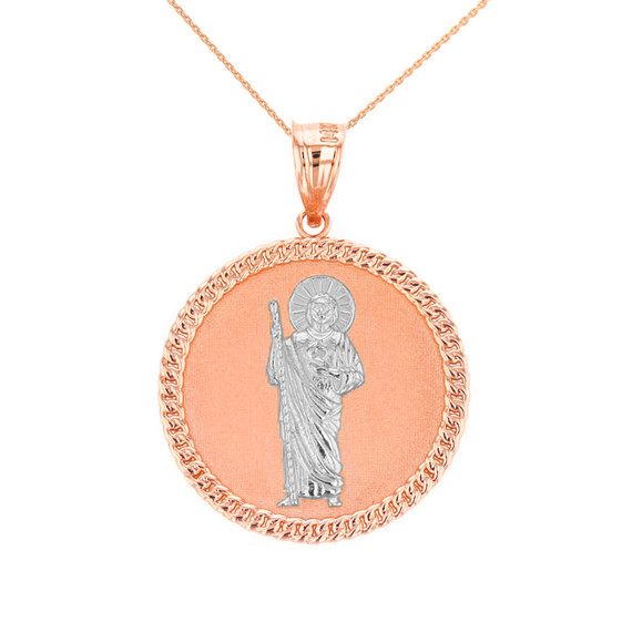 Two Tone Solid Rose Gold Jesus The Good Shepherd Cuban Link Circle Frame Medallion Pendant Necklace 1.34 " (34 mm)