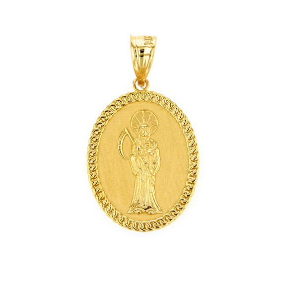 Solid Yellow Gold Santa Muerte Cuban Link Frame Medallion Pendant Necklace 1.28" (  32 mm)