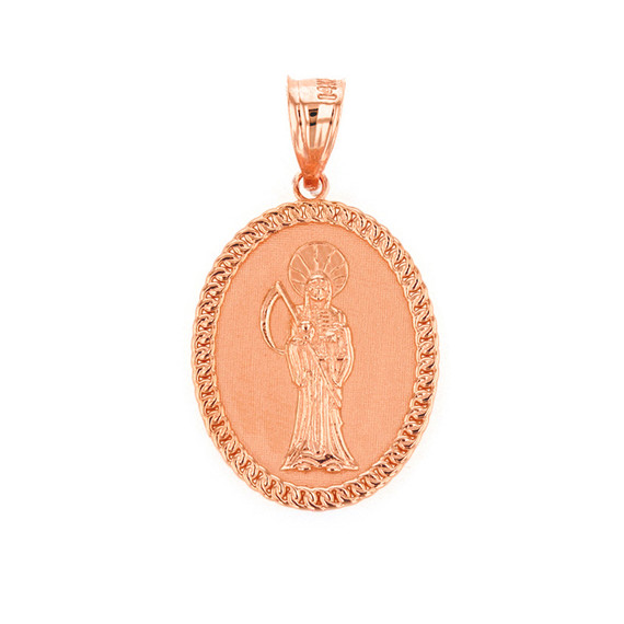 Solid Rose Gold Santa Muerte Cuban Link Frame Medallion Pendant Necklace 1.28" (  32 mm)