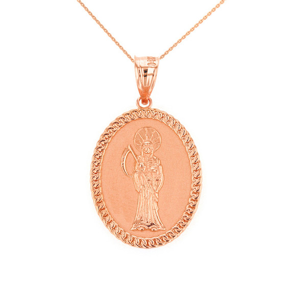 Solid Rose Gold Santa Muerte Cuban Link Frame Medallion Pendant Necklace 1.28" (  32 mm)