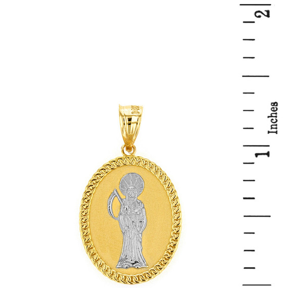 Two Tone Solid Yellow Gold Santa Muerte Cuban Link Frame Medallion Pendant Necklace 1.28" (  32 mm)