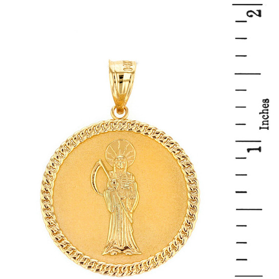 Solid Yellow Gold Santa Muerte Cuban Link Frame Medallion Pendant Necklace  1.34 " (34 mm)