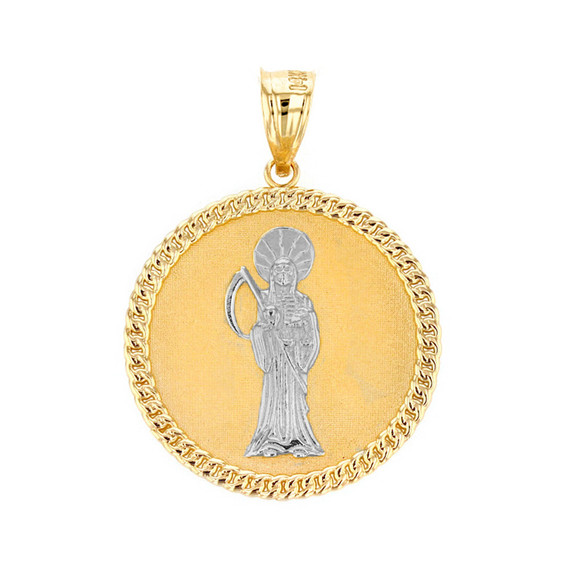 Two Tone Solid Yellow Gold Santa Muerte Cuban Link Frame Medallion Pendant Necklace  1.34 " (34 mm)