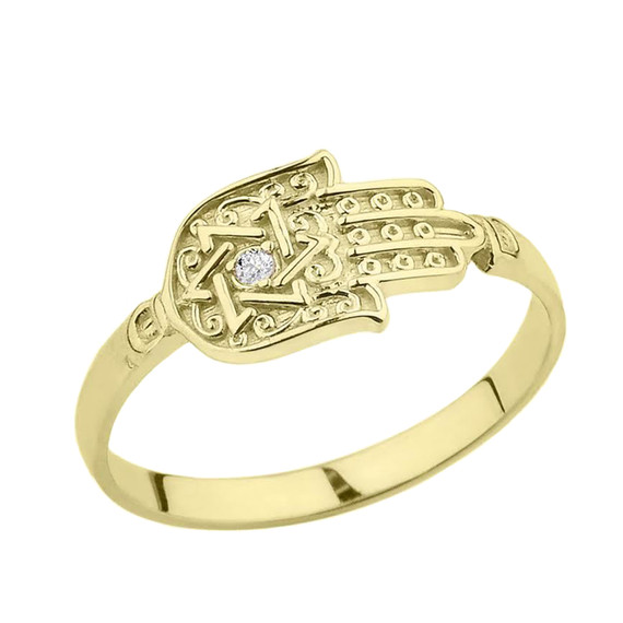 Gold Diamond Star of David Hamsa Hand Ring