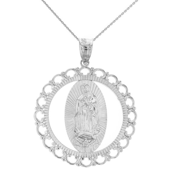 Solid Gold Scalloped Edge Frame Openwork Our Lady of Guadalupe Pendant Necklace 1.59" (40 mm) (Available in Yellow/Rose/White Gold)