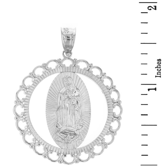 Sterling Silver Scalloped Edge Frame Openwork Our Lady of Guadalupe Pendant Necklace 1.59" (40 mm)