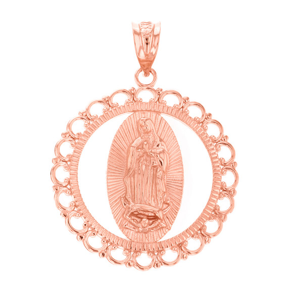 Solid Rose Gold Scalloped Edge Frame Openwork Our Lady of Guadalupe Pendant Necklace 1.24" ( 31 mm)