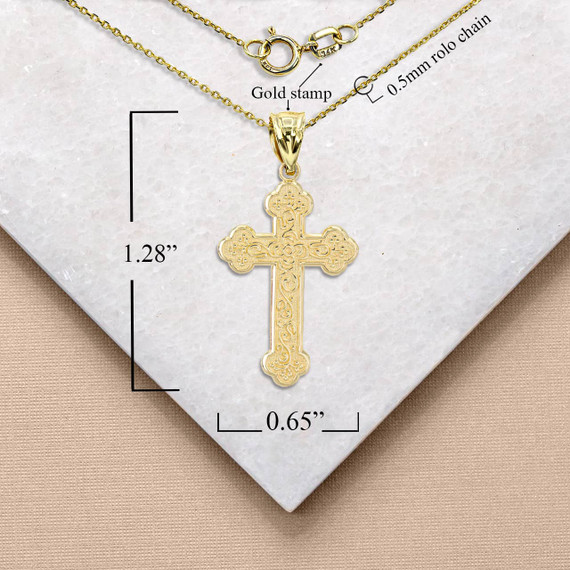 Yellow Gold Greek Orthodox Floral Rose Cross Pendant Necklace with Measurement