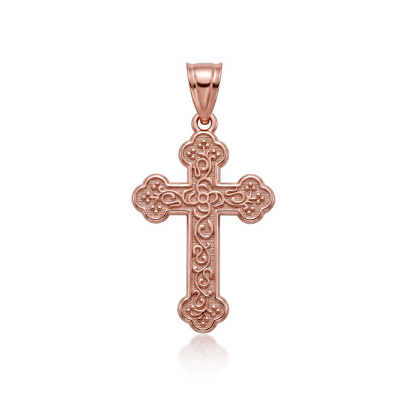 Solid Yellow Gold Greek Orthodox Floral Rose Cross  Pendant Necklace (Available in Yellow/Rose/White)