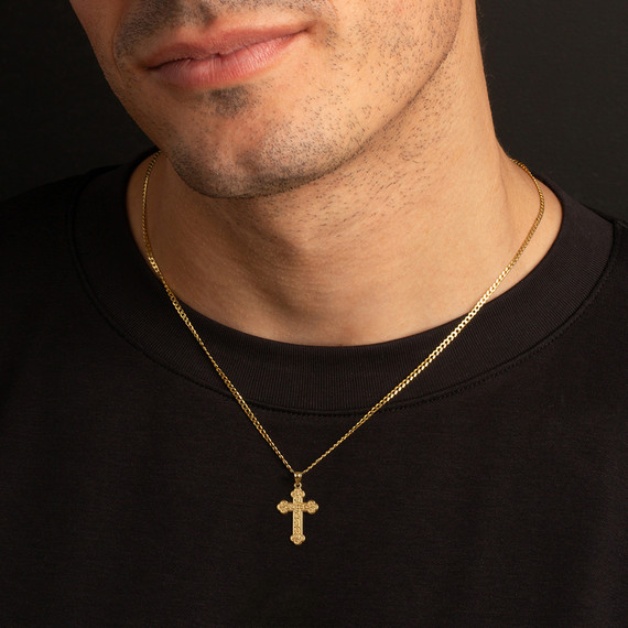 Solid Yellow Gold Greek Orthodox Floral Rose Cross  Pendant Necklace (Available in Yellow/Rose/White)