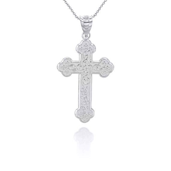 White Gold Greek Orthodox Floral Rose Cross Pendant Necklace