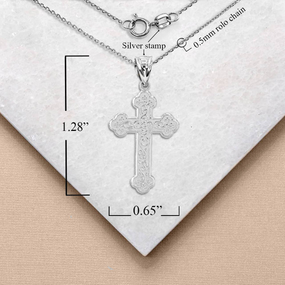 Silver Greek Orthodox Floral Rose Cross Pendant Necklace with Measurement