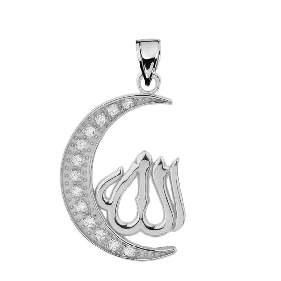 Sterling Silver with Cubic Zirconia Moon and Allah Pendant Necklace