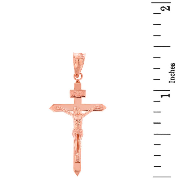 Solid Rose Gold Catholic  INRI Jesus of Nazareth Crucifix Pendant Necklace  1.41" ( 35 mm)