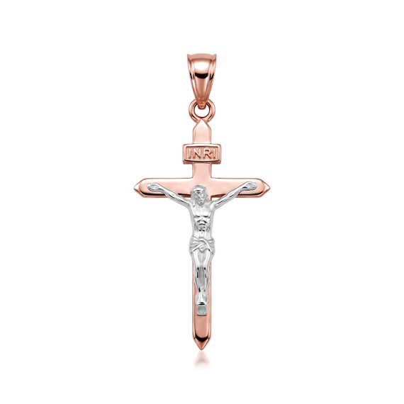 Solid Gold Catholic INRI Jesus Of Nazareth Crucifix Pendant Necklace 1.18" (Available In Yellow/Rose/White /Two Tone Gold)