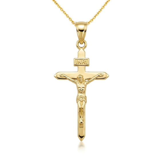 Solid Gold Catholic INRI Jesus Of Nazareth Crucifix Pendant Necklace 1.18" (Available In Yellow/Rose/White /Two Tone Gold)