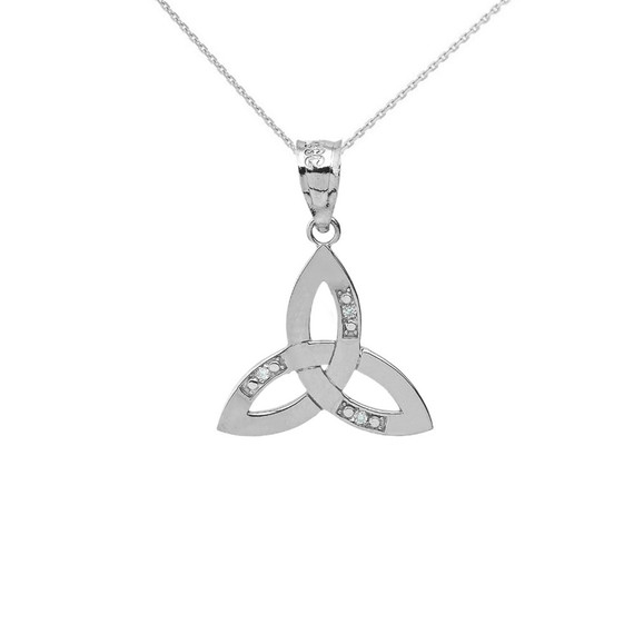 Solid White Gold Diamond Celtic Trinity Knot Pendant Necklace