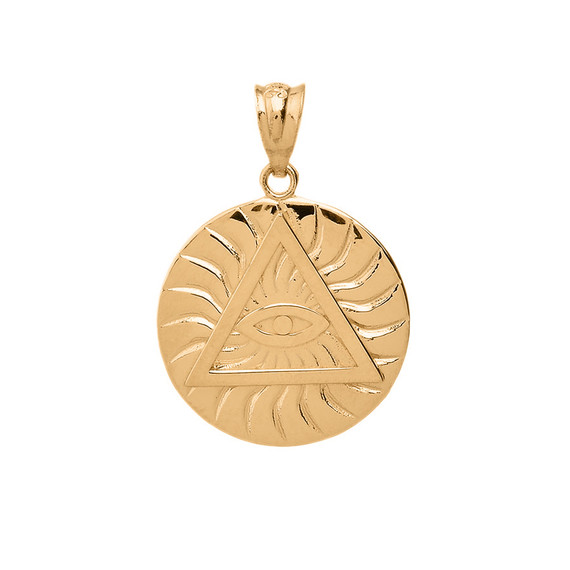 Yellow Gold All Seeing Eye of Providence Sun Pyramid Illuminati Pendant Necklace