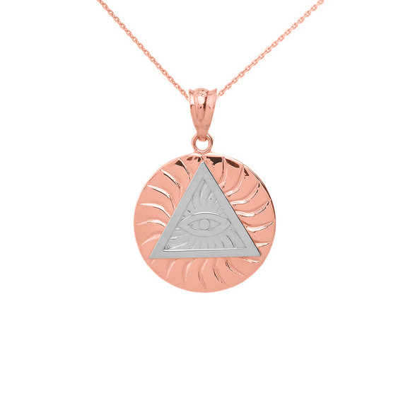 Two Tone Rose Gold All Seeing Eye of Providence Sun Pyramid Illuminati Pendant Necklace