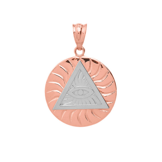 Two Tone Rose Gold All Seeing Eye of Providence Sun Pyramid Illuminati Pendant Necklace