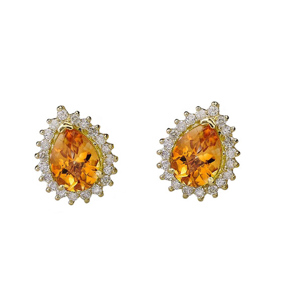 Diamond And Checkerboard Genuine Citrine Gold Elegant Studs(Available in Yellow/Rose/White Gold)