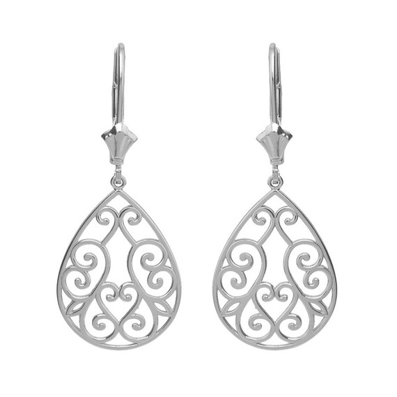 Solid Gold Filigree Swirl Heart Teardrop Drop Earring Set(Available in Yellow/Rose/White Gold)