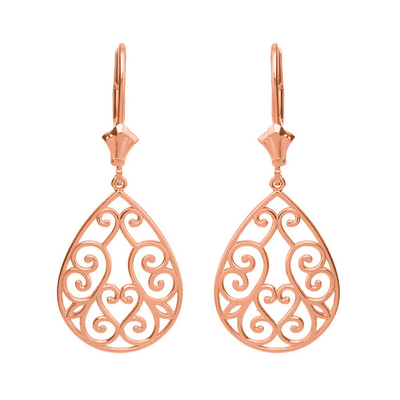 Solid Gold Filigree Swirl Heart Teardrop Drop Earring Set(Available in Yellow/Rose/White Gold)