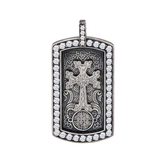 Vintage Sterling Silver with White Stone Armenian Khachkar Engravable Dog Tag Religious Pendant