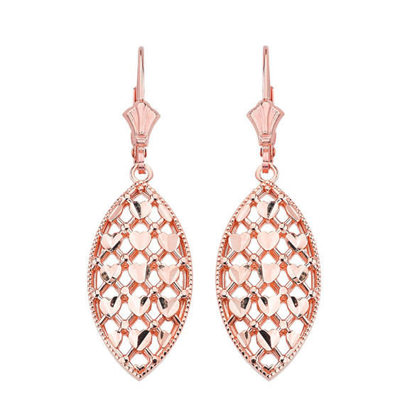 Double Layered Woven Hearts Filigree Marquise Shape Drop Earring Set(Available in Yellow/Rose/White Gold)