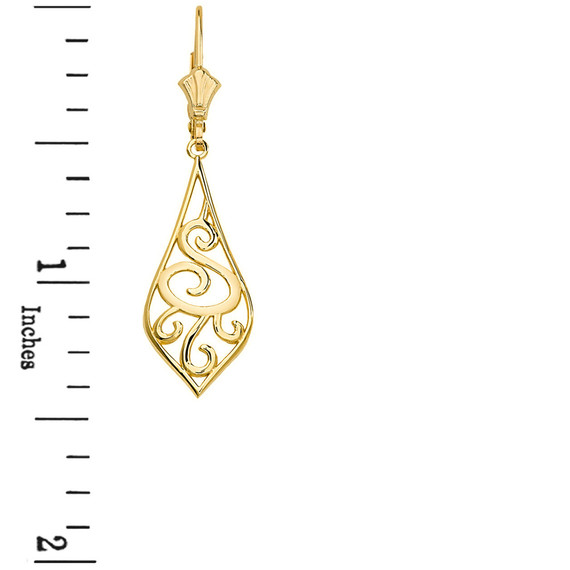 Solid Gold Teardrop Filigree Tribal  Drop Earring Set 1.42" (36mm)(Available in Yellow/Rose/White Gold)