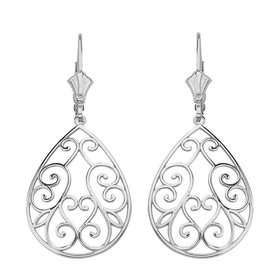 Filigree Swirl Heart Teardrop Drop Earring Set 1.71" (43 mm)(Available in Yellow/Rose/White Gold)