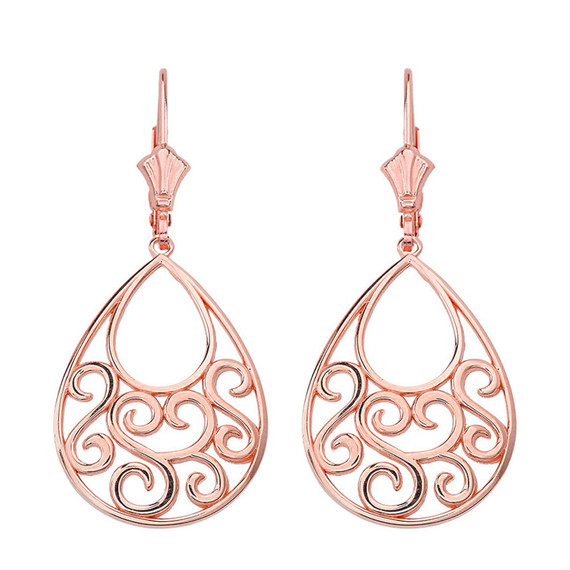 Solid Yellow Gold Filigree Teardrop Tree of Life  Heart Drop Earring Set 1.71" (43 mm)(Available in Yellow/Rose/White Gold)