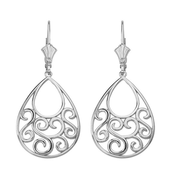 Solid Yellow Gold Filigree Teardrop Tree of Life  Heart Drop Earring Set 1.71" (43 mm)(Available in Yellow/Rose/White Gold)